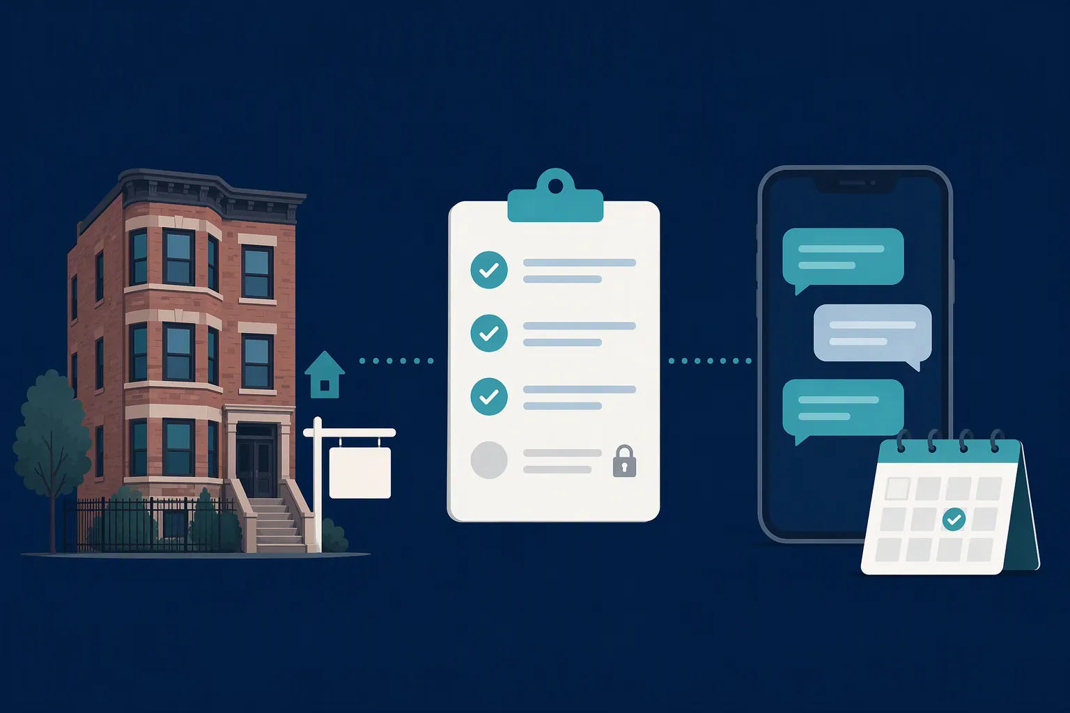 Navy and teal illustration of a Chicago brick three-flat connected by a dotted line to a checklist with three checked items and one locked item, then to a phone with chat bubbles and a calendar check mark.