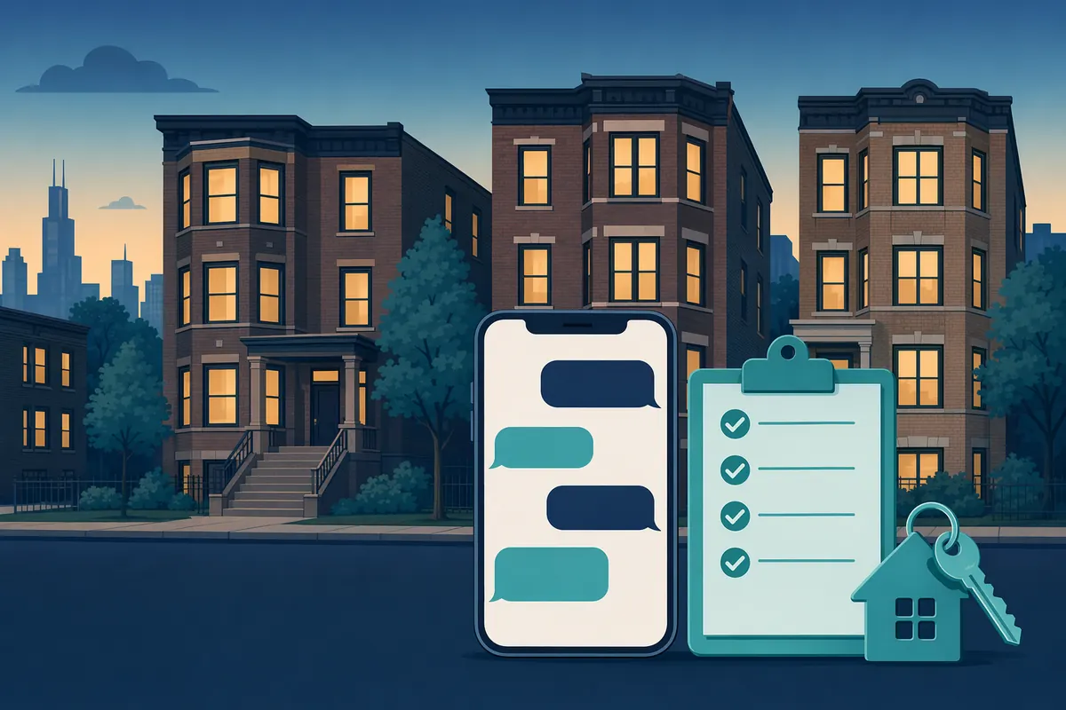 Navy and teal illustration of Chicago brick apartment buildings at evening, a phone with blank text bubbles, a teal checklist with check marks, and a house-shaped key tag.