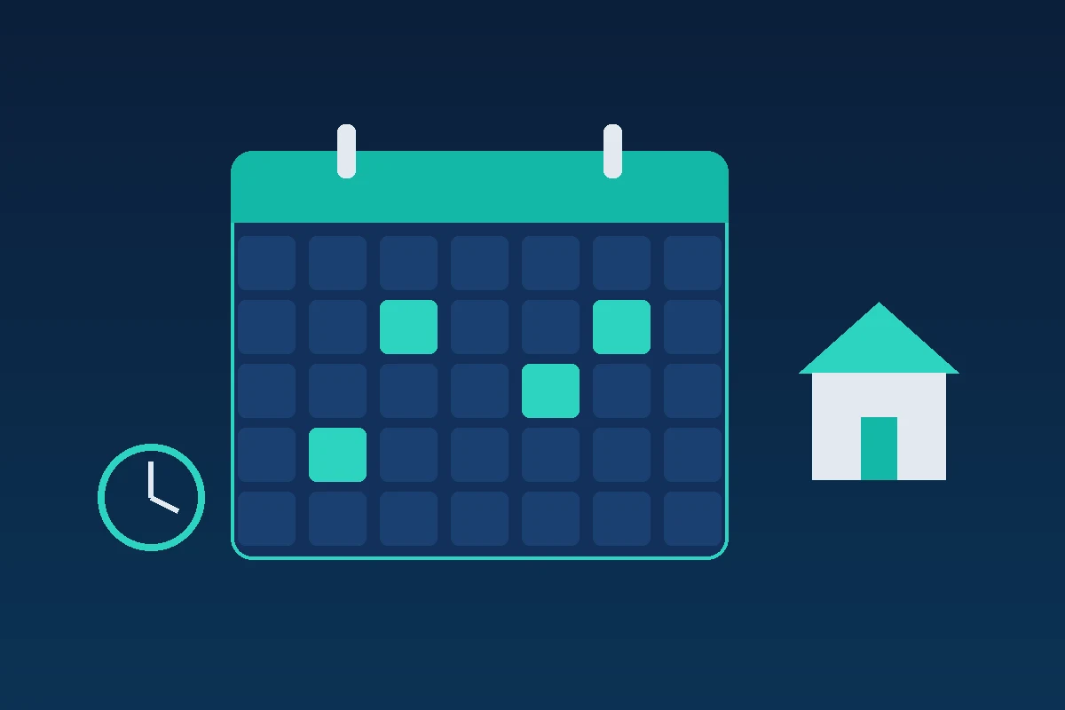 Navy and teal illustration of a monthly calendar with teal showing slots, a house and a clock.
