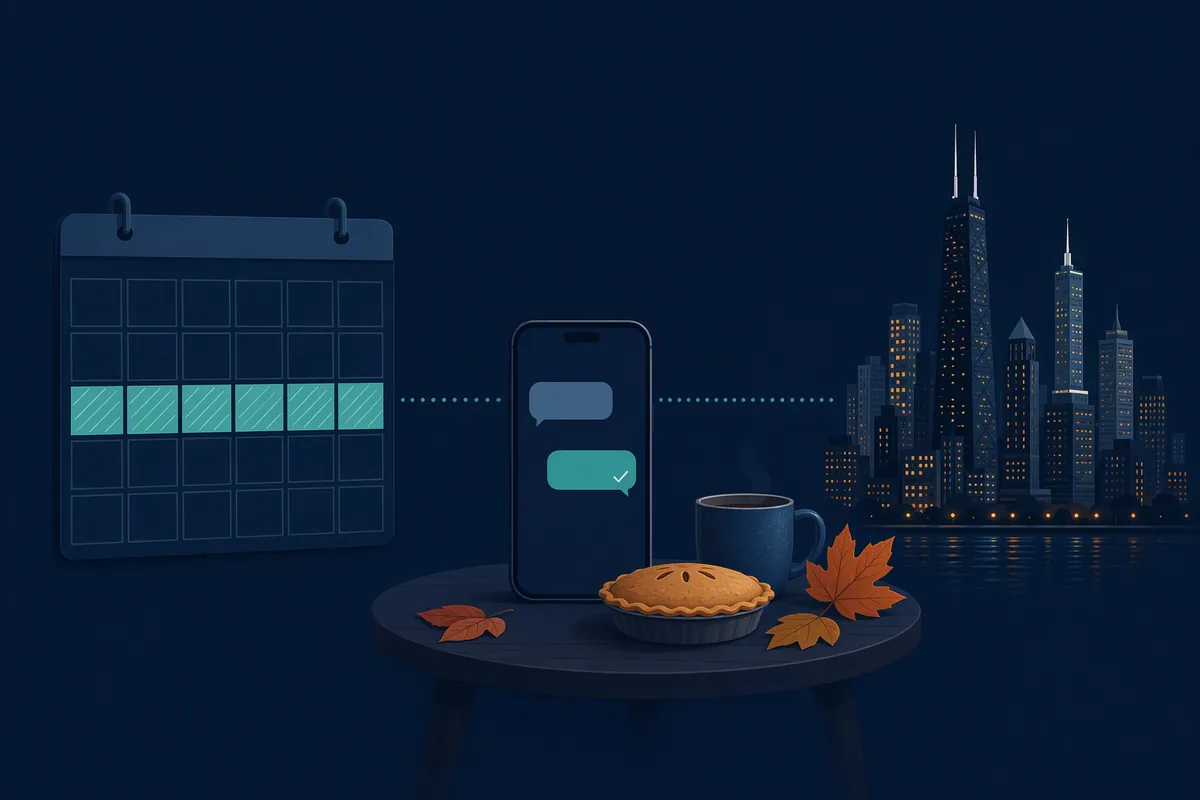Navy and teal illustration of a wall calendar with several days blocked off in teal, a phone on a small table showing a calm incoming text and a reply, an autumn holiday table with a pie and fallen leaves, and a small Chicago skyline.