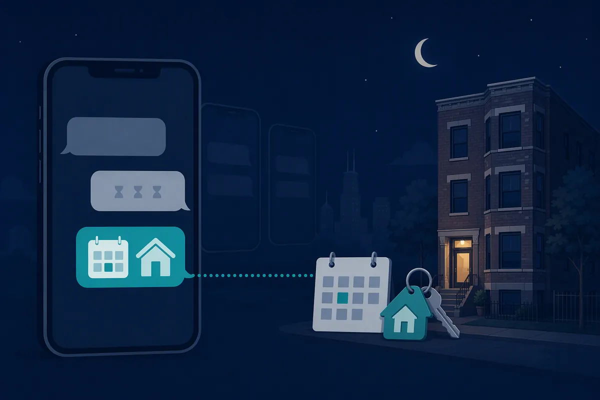Navy and teal illustration of a phone at night with a grey placeholder reply and a teal reply showing a calendar and house icon, a dotted line to a calendar card, key tag, and Chicago three-flat.