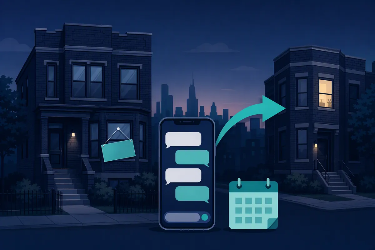 Navy and teal illustration of two Chicago brick two-flats at dusk, a blank sign on the first, a phone with text bubbles, a teal arrow pointing to the second building, and a teal calendar icon.