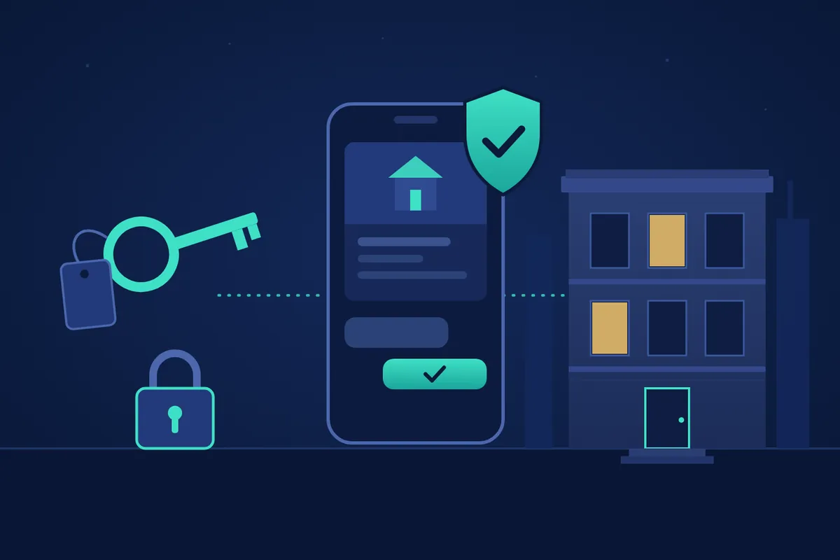 Navy and teal illustration of a phone showing a rental listing with a teal shield and check mark, a house key on a small tag, a padlock, and a Chicago brick walk-up building on the right.
