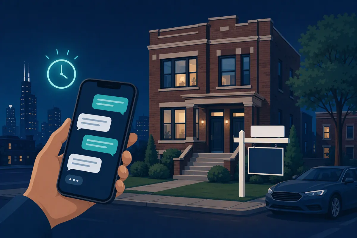Navy and teal illustration of a hand holding a phone with a text conversation in front of a Chicago brick two-flat with a blank yard sign, a car parked at the curb, and a teal clock icon.