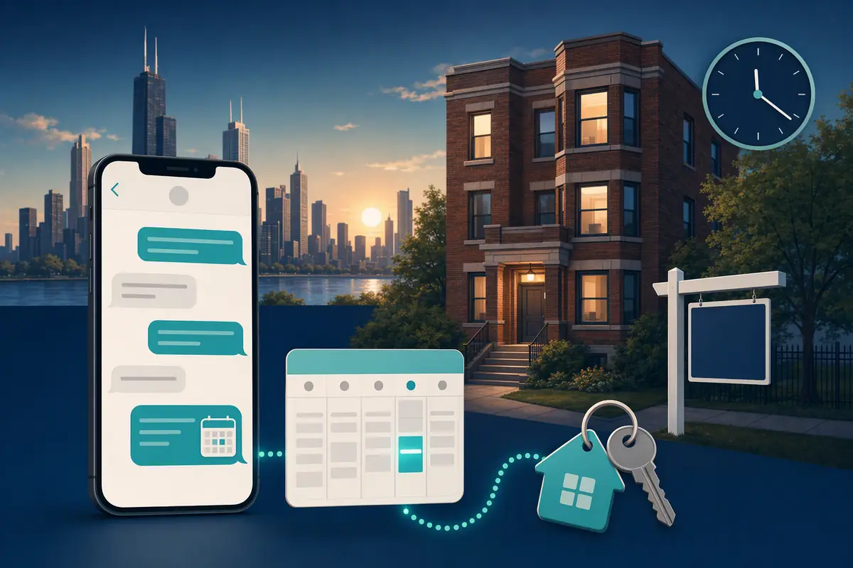 Navy and teal illustration of a phone text thread ending in a calendar bubble, a dotted line to a calendar with one highlighted slot today, a house key tag, and a Chicago brick three-flat at sunset.