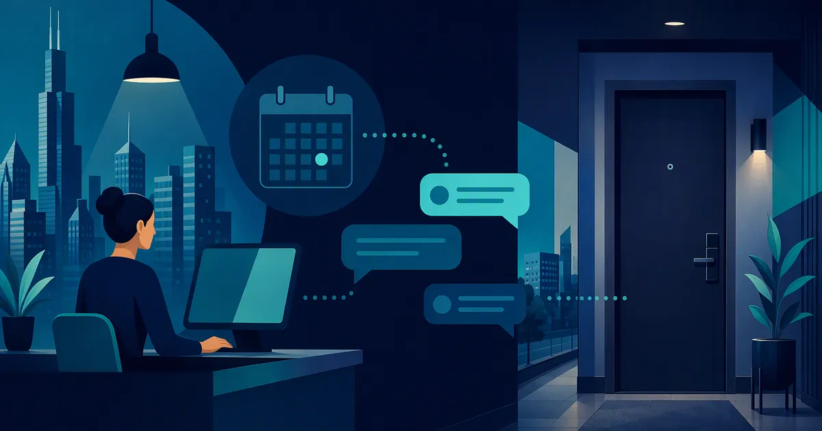 Navy and teal header illustration of a Chicago apartment door, calendar, and SMS chat bubbles for coordinated showings.
