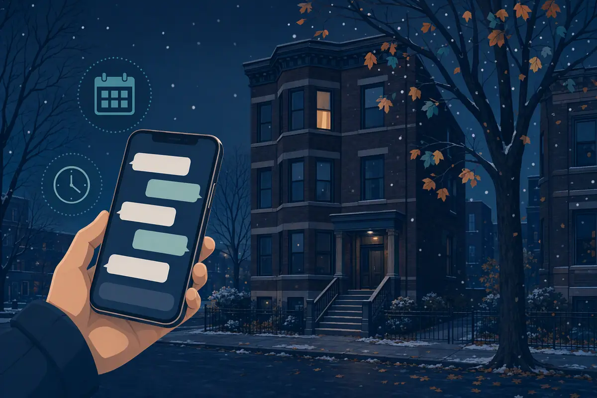 Navy and teal illustration of a hand holding a phone with a text conversation in front of a Chicago brick three-flat on an autumn evening with light snow, plus teal calendar and clock icons.