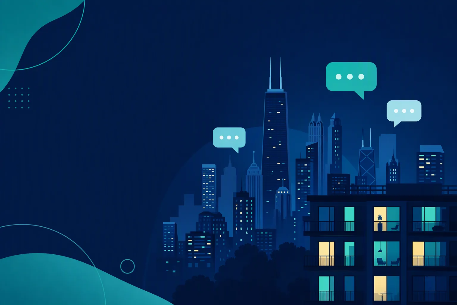 Navy and teal header illustration of a Chicago skyline with SMS chat bubbles reaching apartment windows.