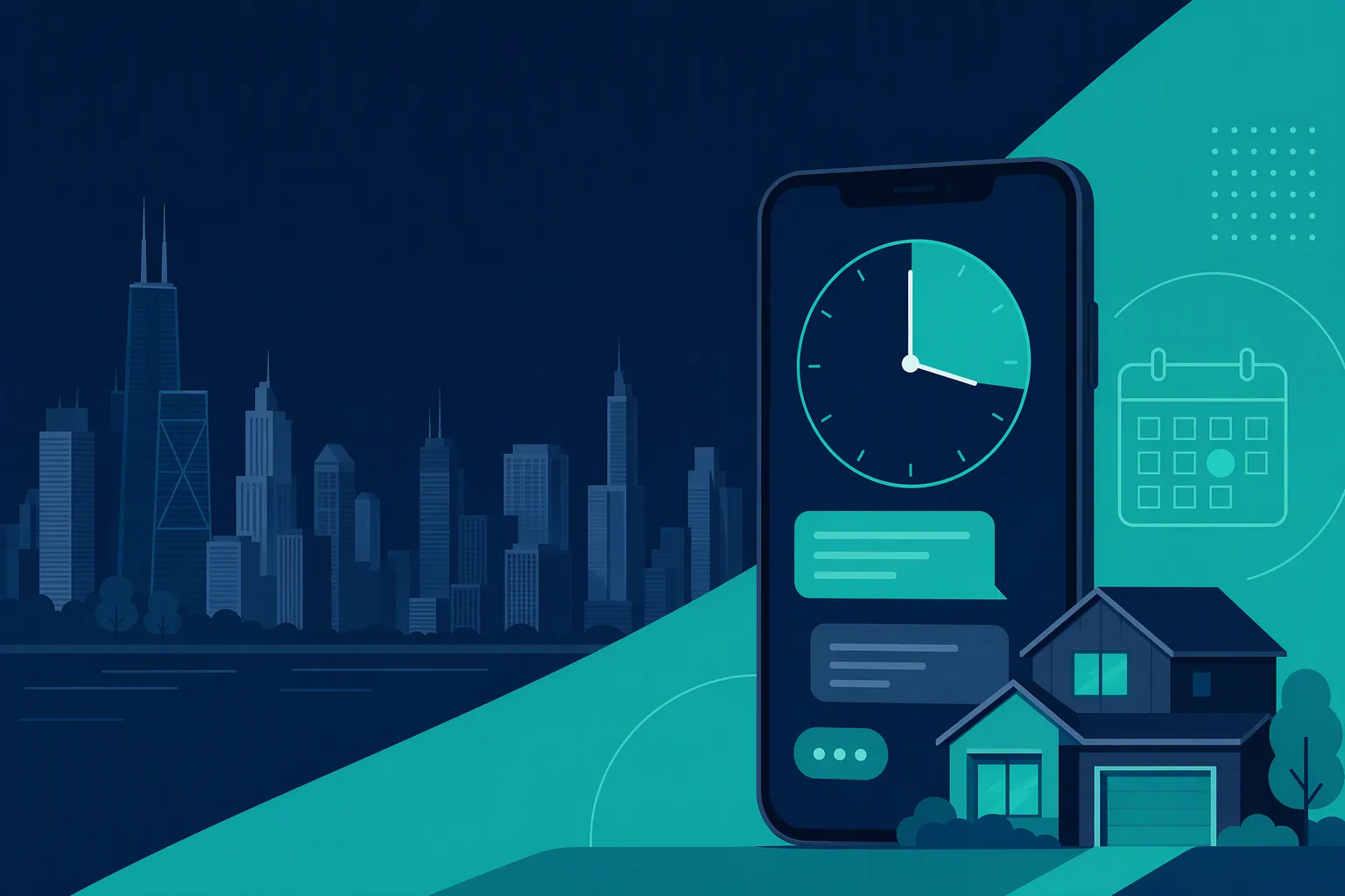 Navy and teal header illustration of a phone clock at 15 minutes with SMS bubbles and a calendar for real estate lead response.