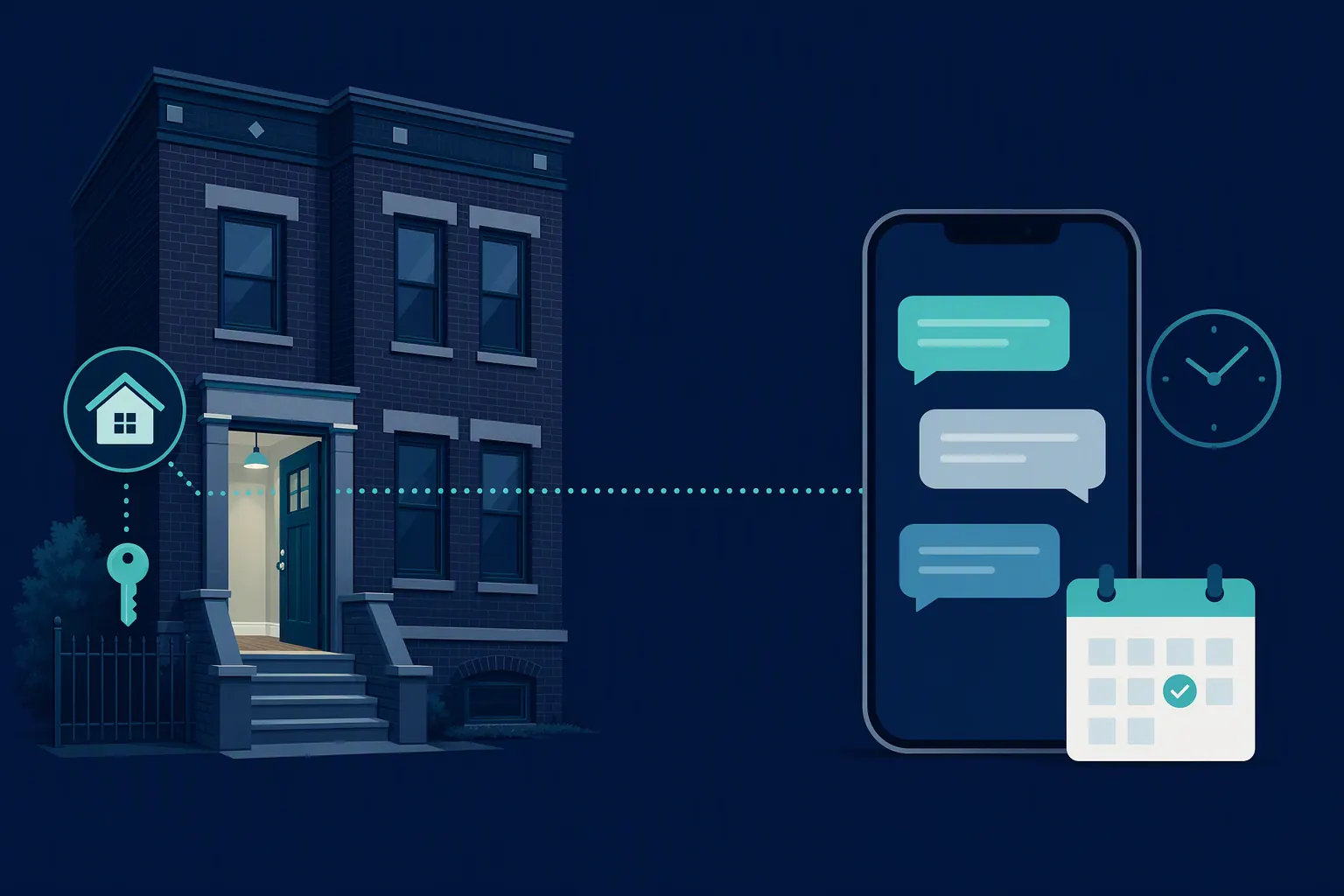 Navy and teal illustration of a Chicago brick two-flat with an open front door connected by a dotted line to a phone with chat bubbles, a clock, and a calendar check mark.
