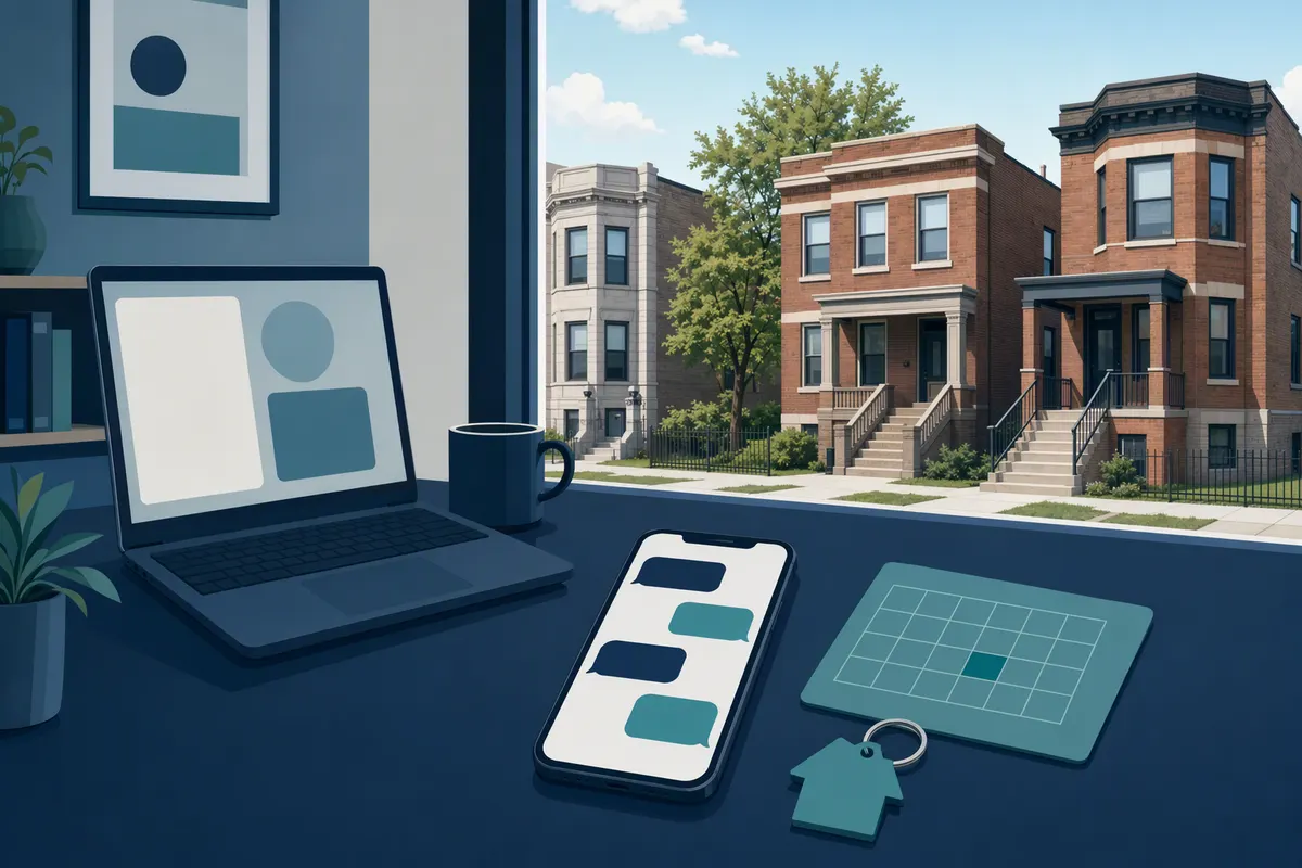 Navy and teal illustration of an office desk with a laptop, coffee mug, a phone showing blank text bubbles, a calendar card and a house-shaped key tag, with Chicago brick two-flats outside the window.