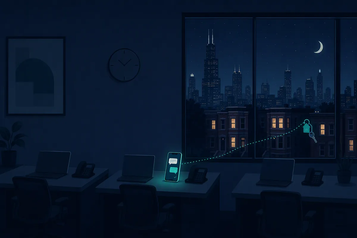 Navy and teal illustration of an empty team office at night with three desks, one phone lit in teal with a reply bubble, and Chicago two-flats through the window.
