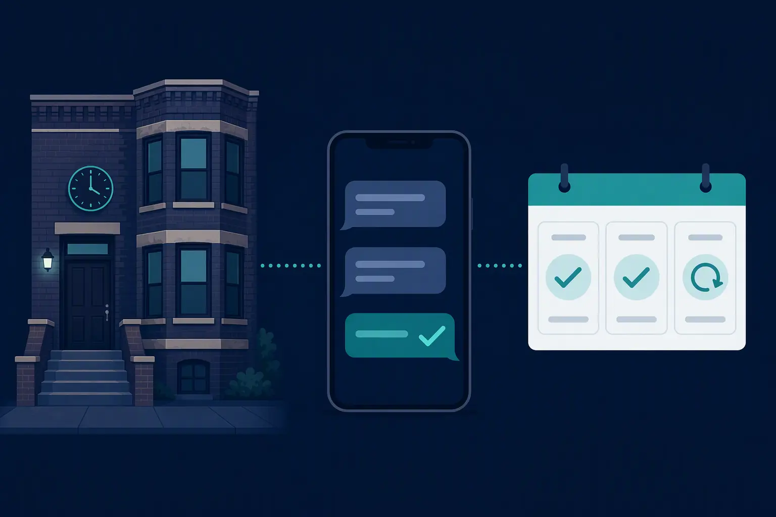 Navy and teal illustration of a Chicago brick two-flat with a wall clock, connected by a dotted line to a phone whose last chat bubble has a check mark, then to a calendar with two confirmed slots and one rescheduled slot.