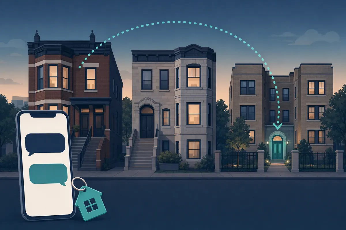 Navy and teal illustration of three Chicago rental buildings at dusk, a phone with blank text bubbles, and a teal dotted arrow from the first building to the third.