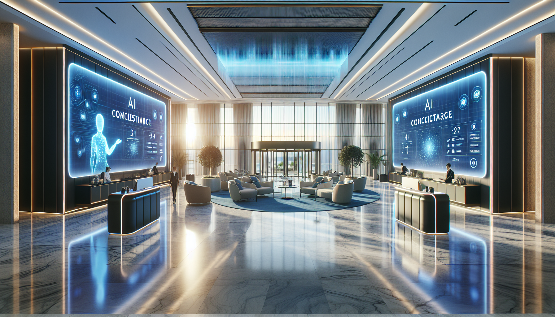 AI concierge technology in modern hotel lobby